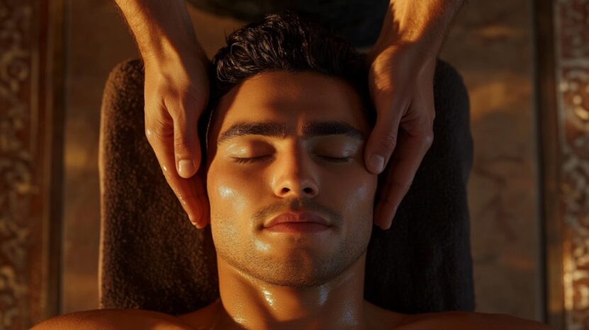 Man receiving a head massage with eyes closed, lying on a spa table under warm lighting