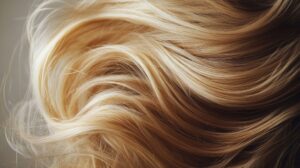 Close-up of wavy, blonde hair strands in soft lighting