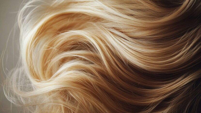 Close-up of wavy, blonde hair strands in soft lighting