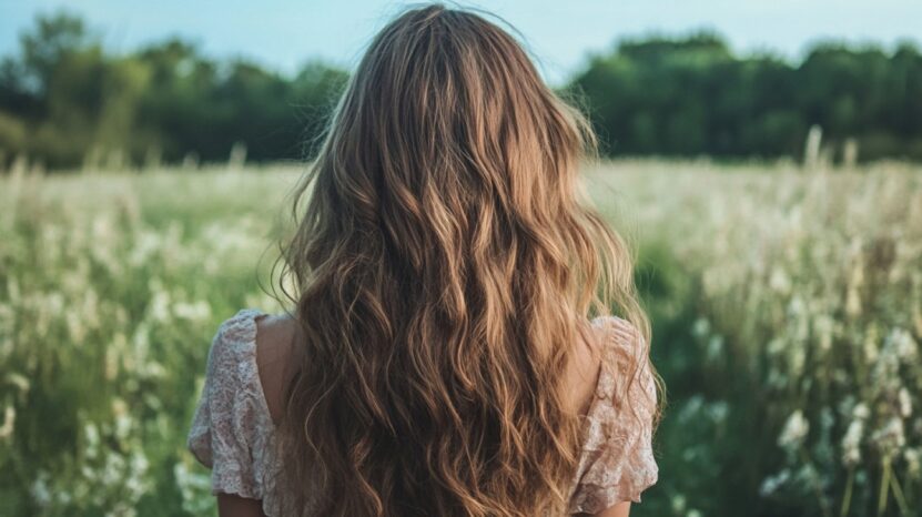 Woman with long, wavy brown hair standing in a wildflower field, viewed from behind