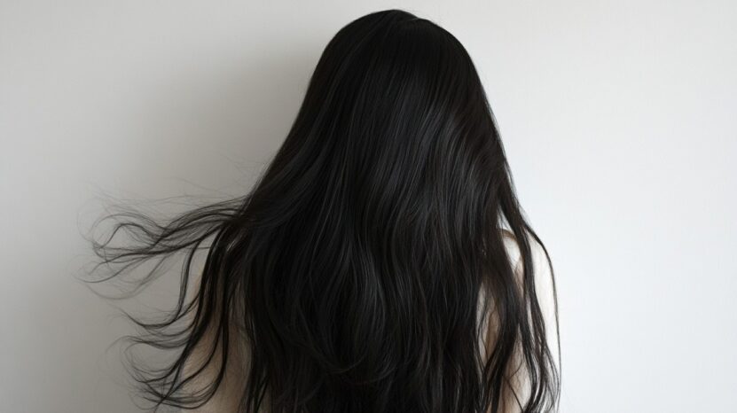 Woman with long, smooth black hair seen from behind against a white background