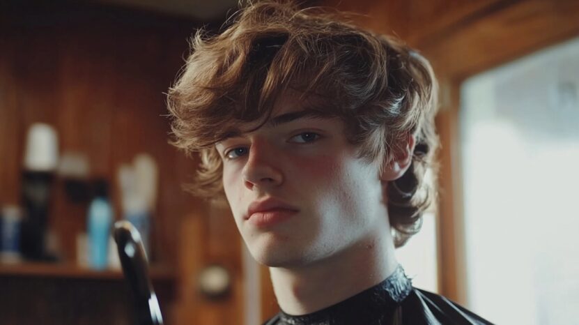Young man with freshly trimmed, voluminous hair in a barbershop