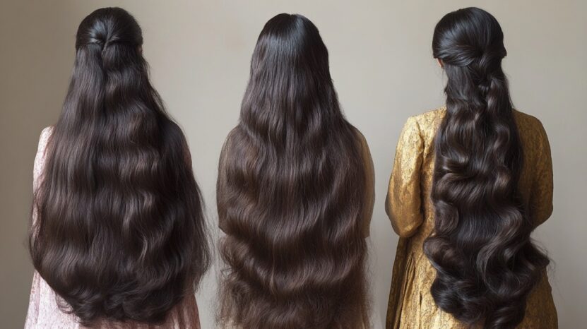 Three women with very long, healthy, dark wavy hair shown from the back