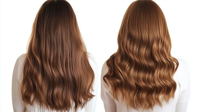 Side-by-side comparison of two women with different healthy hair textures seen from behind