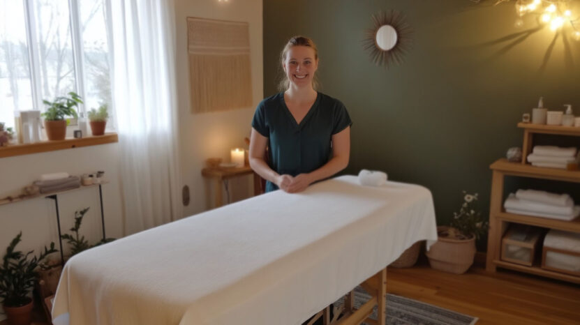Smiling massage therapist standing beside a treatment table in a warmly lit spa room