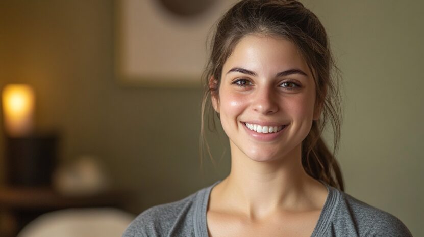 Smiling young woman in a calm spa setting, radiating post-massage relaxation and contentment