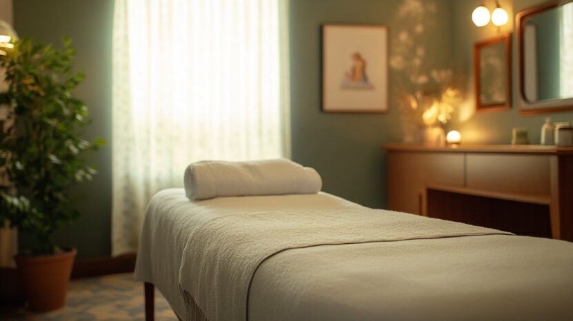Peaceful massage room with a massage table prepared for a session, softly lit with warm tones