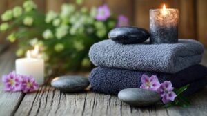 Stacked towels, hot stones, lit candles, and flowers arranged on a wooden surface in a serene spa setting